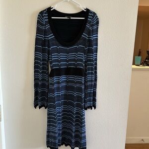 Y2K INC Dress Sweater Silk Blend Scalloped Hem Bell Sleeve Tie Waist Blue M